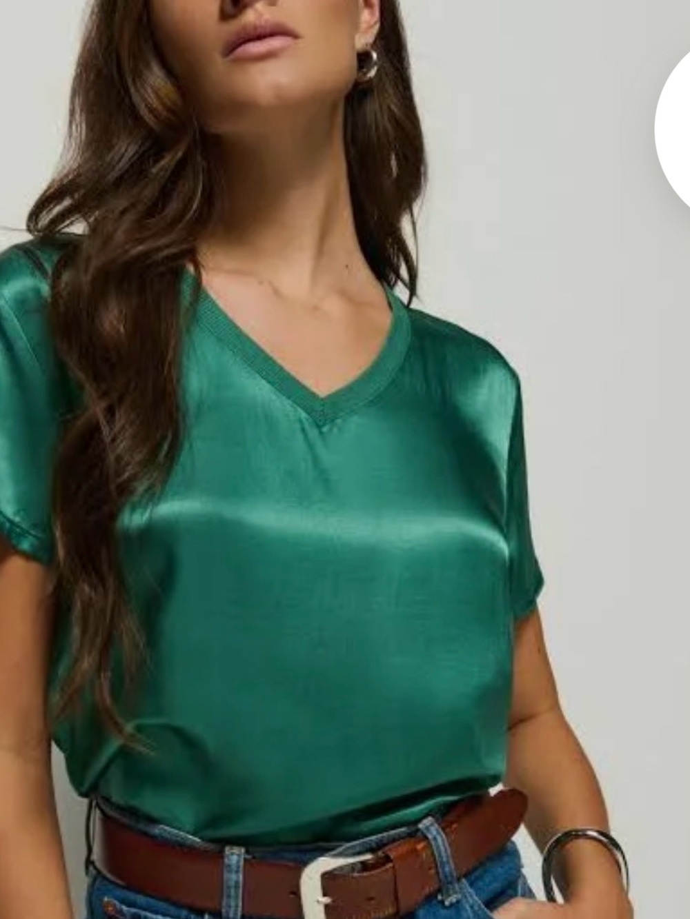 Nation Green Satin V-Neck Short Sleeve Top